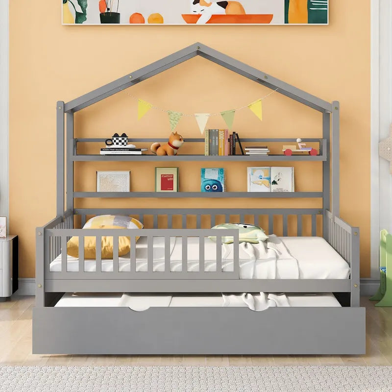 Wooden Full Size House Bed with Trundle - Multiple Storage Racks, Safety Barriers