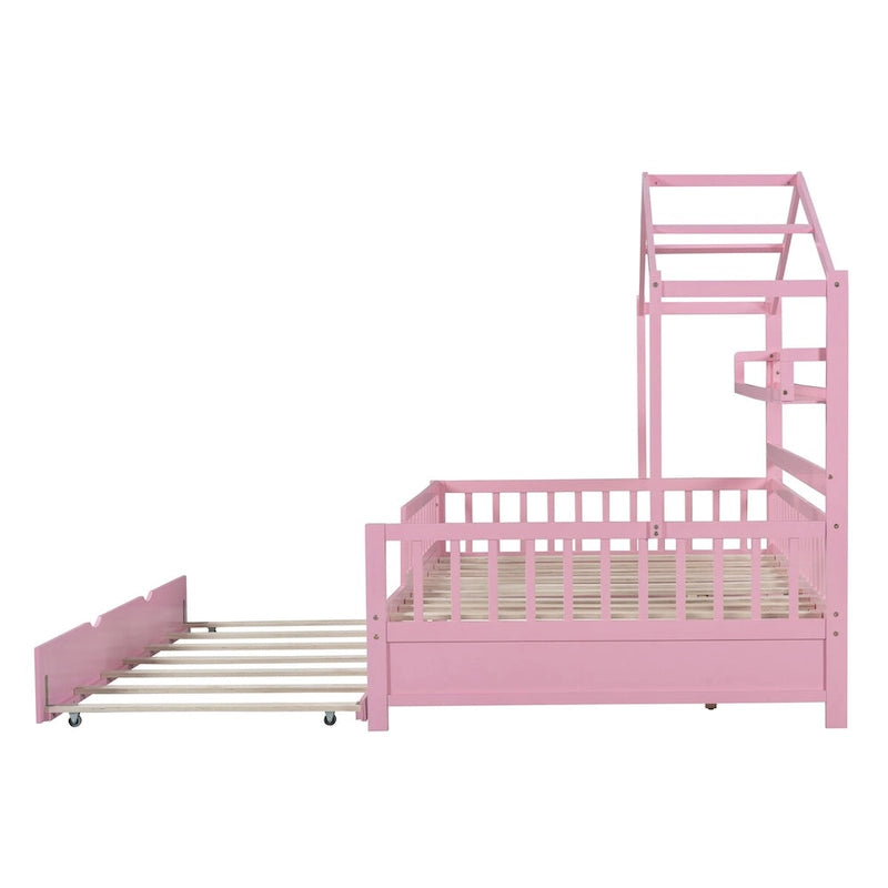 Wooden Full Size House Bed with Trundle - Multiple Storage Racks, Safety Barriers