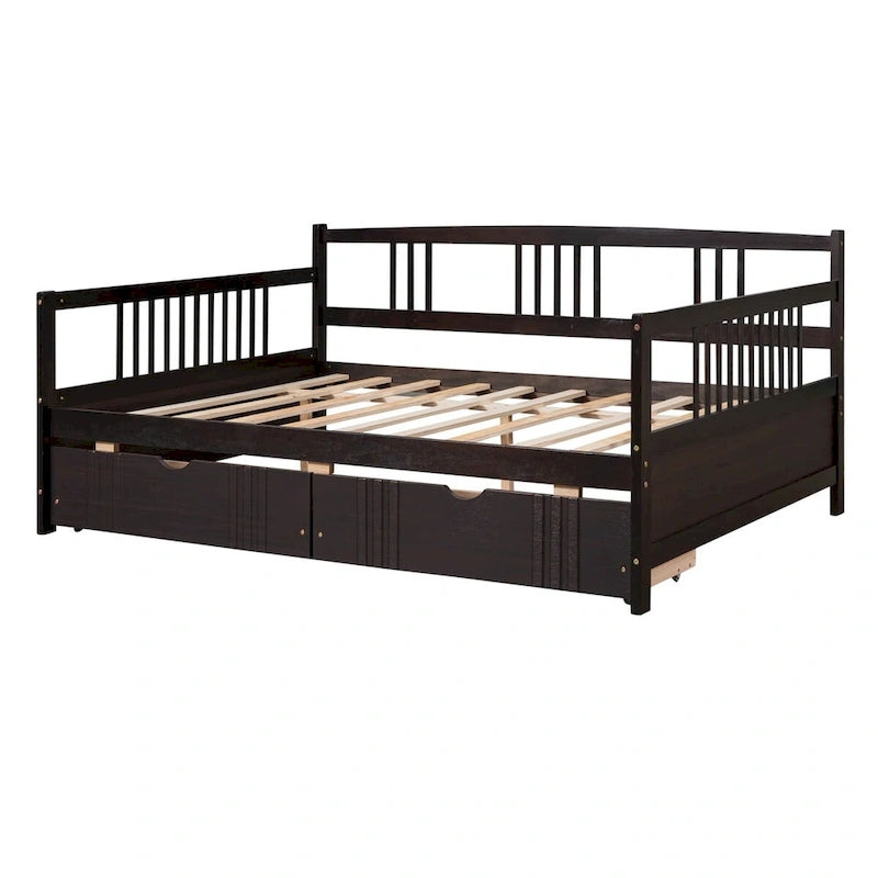 Full Size Wood Daybed, Sofa Bed, Equipped with Wooden Handrails and Two Drawers