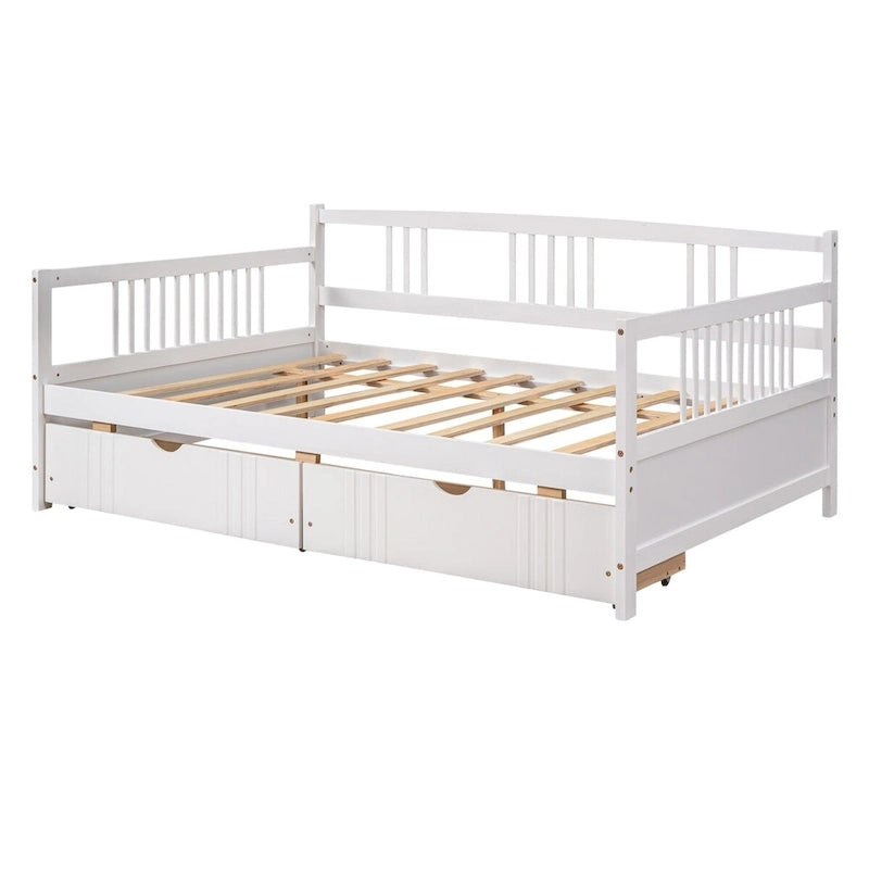 Full Size Wood Daybed, Sofa Bed, Equipped with Wooden Handrails and Two Drawers