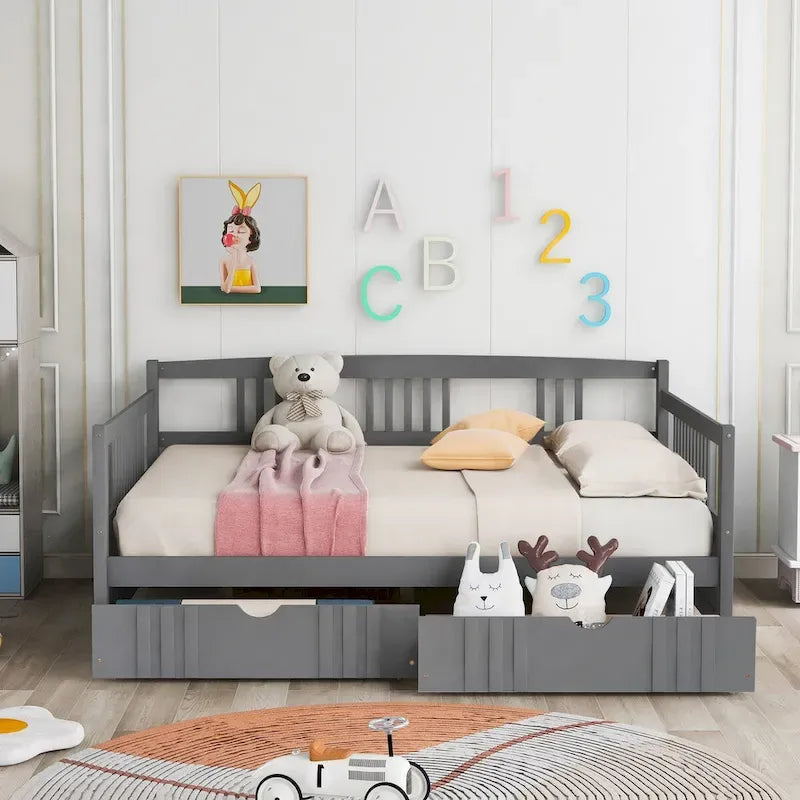 Full Size Wood Daybed, Sofa Bed, Equipped with Wooden Handrails and Two Drawers