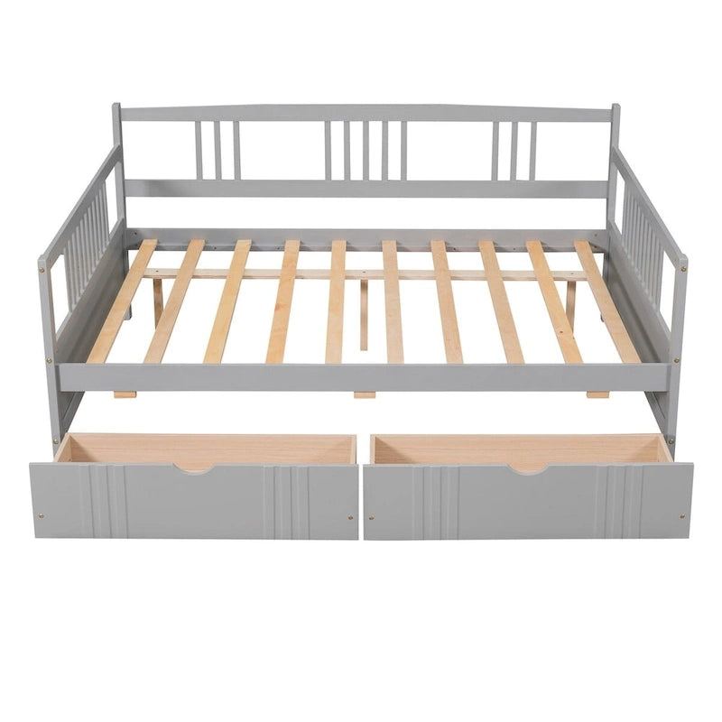 Full Size Wood Daybed, Sofa Bed, Equipped with Wooden Handrails and Two Drawers