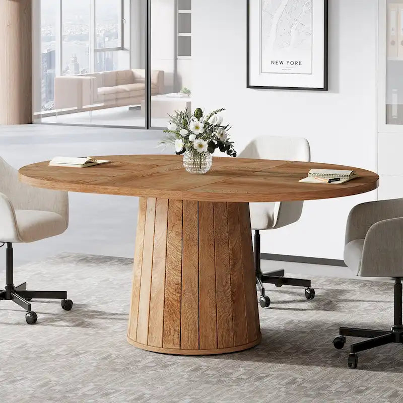 55.11 Inch Brown Wood Oval Conference Table with Wood Base for 6 People - N/A
