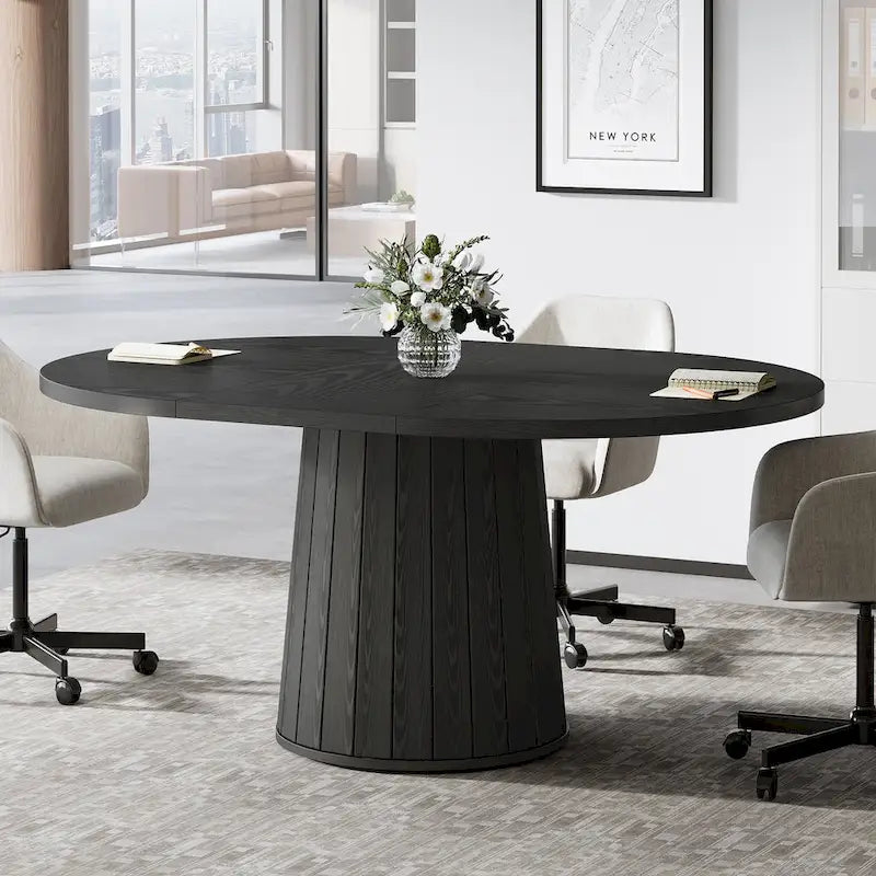 55.11 Inch Brown Wood Oval Conference Table with Wood Base for 6 People - N/A