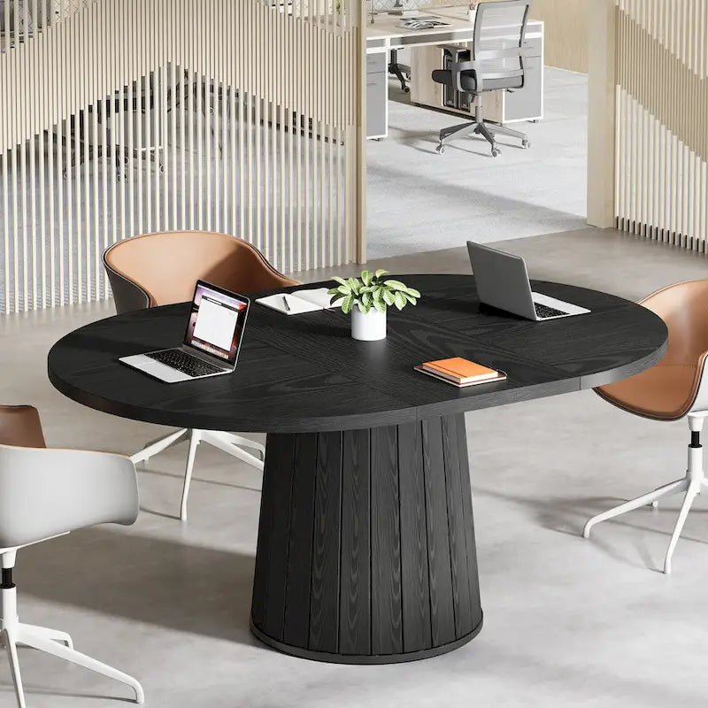 55.11 Inch Brown Wood Oval Conference Table with Wood Base for 6 People - N/A