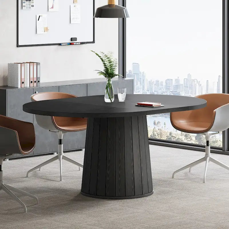 55.11 Inch Brown Wood Oval Conference Table with Wood Base for 6 People - N/A